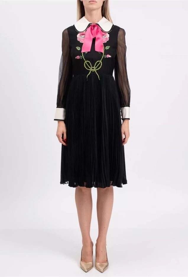 Robe évasée GUCCI IT42 US6 S M soie mélangée plissée nœud panthère Italie