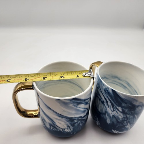 Marble Ceramic Coffee Mugs w Gold Tone Handle Tea Cup Blue White 4.25" Lot of 2 - Picture 8 of 8