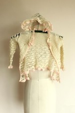 Vintage 1950s Baby Sweater and Bonnet, Ivory and Pink Knit Or Crochet Cardigan