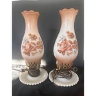 Vtg Hobnail Hobnob Milk Glass Hurricane Lamp Pink/Brown Shade w/ Flowers x 2
