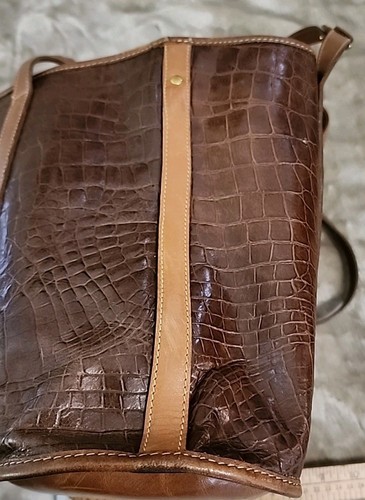 Brahmin Leather Tote Pecan Brown Bucket Bag Purse Croc Look Snap Close Pockets - Picture 19 of 22
