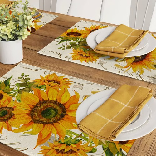 Fall Sunflower Placemats Set of 4, Spring Summer Yellow Floral Flowers Rustic... - Picture 6 of 7
