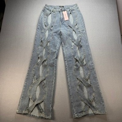 MICAS Jeans Wide Leg Cut Out Strappy Baggy Medium Blue Denim Size M Festival NWT