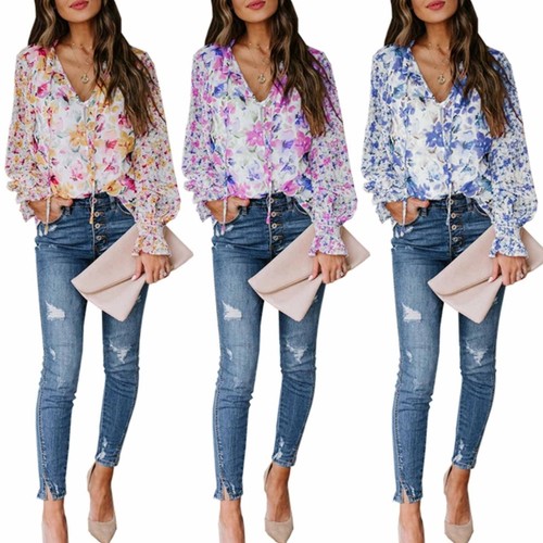 Summer Woman Printed V-neck Shirt Casual Female Daily Commute Long Sleeve Blouse - Picture 1 of 26