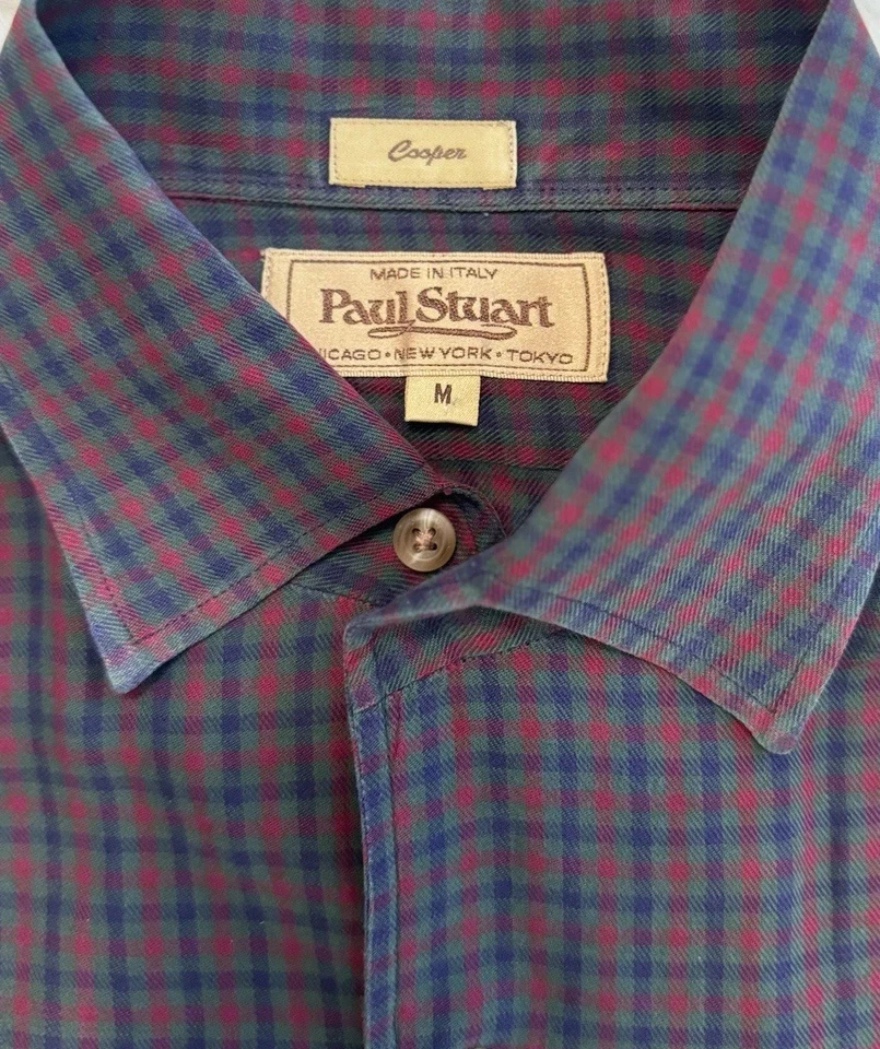 Camisa de vestir mediana Paul Stuart para hombre hecha en Italia algodón a cuadros Foto 3 de 4