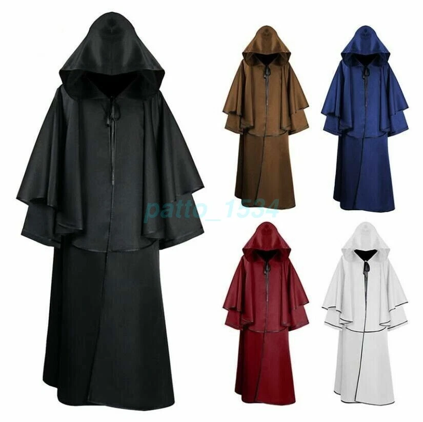 NEW 2025 Mens Hooded Long Robe Cloak Monk Cosplay Costume Poncho Coat Halloween