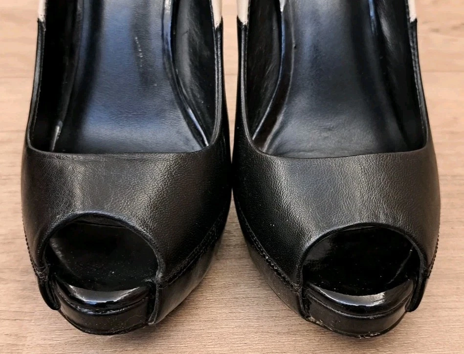 Karen Millen Black & Cream Leather Peep Toe Stiletto Heel Shoes UK Size 4.5 - Image 4 of 4
