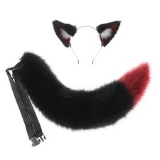 LittleLuluda Black Red Faux Fur Cat Fox Wolf Ears Headband Furry Tail for Hal...