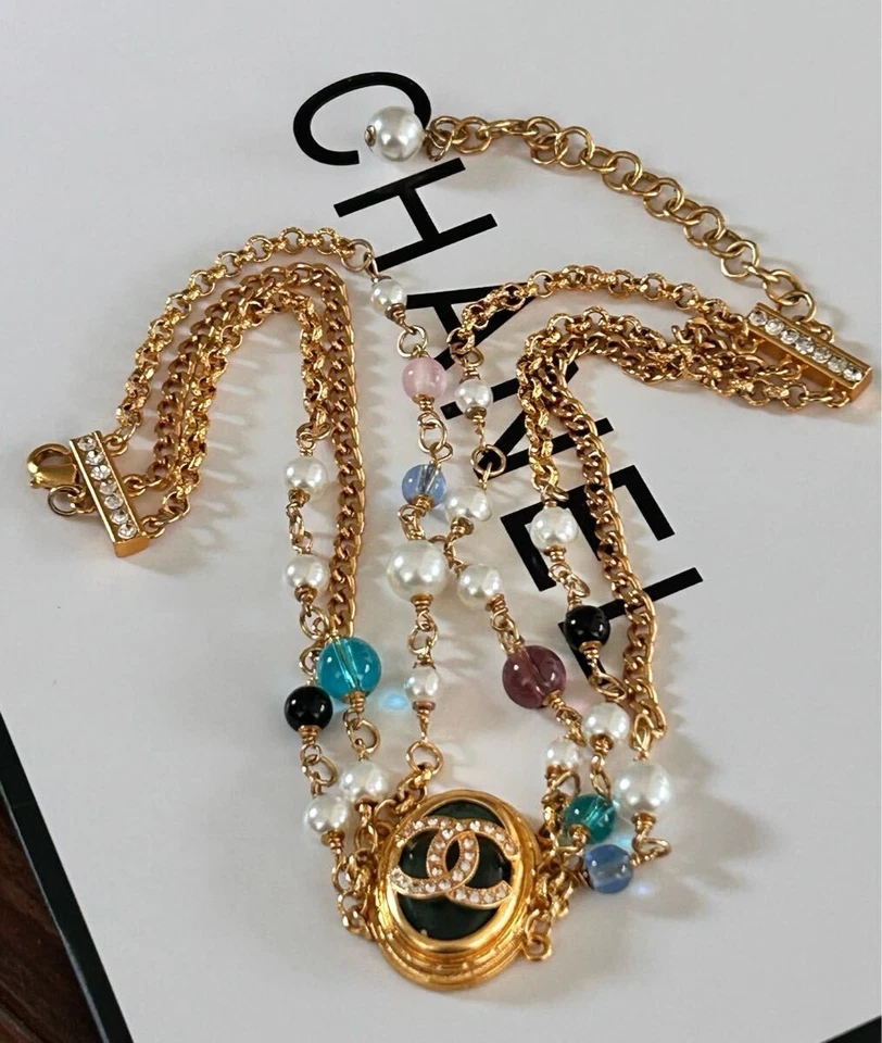 Chanel Gargantilla Collar Cadena Oro Piedra Natural Cuentas Perlas Vidrio con Caja 45cm Foto 2 de 4