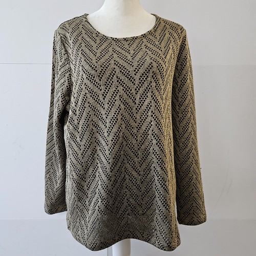 Chico's 2 Size L Polyester Beige Long-Sleeved Round Neck Black Lined Blouse Shir - Picture 9 of 20