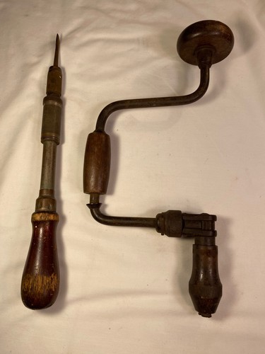 2 antique Hand Tools-Hand crank drill, push screwdriver Miller’s. Decor J152 - Picture 1 of 17