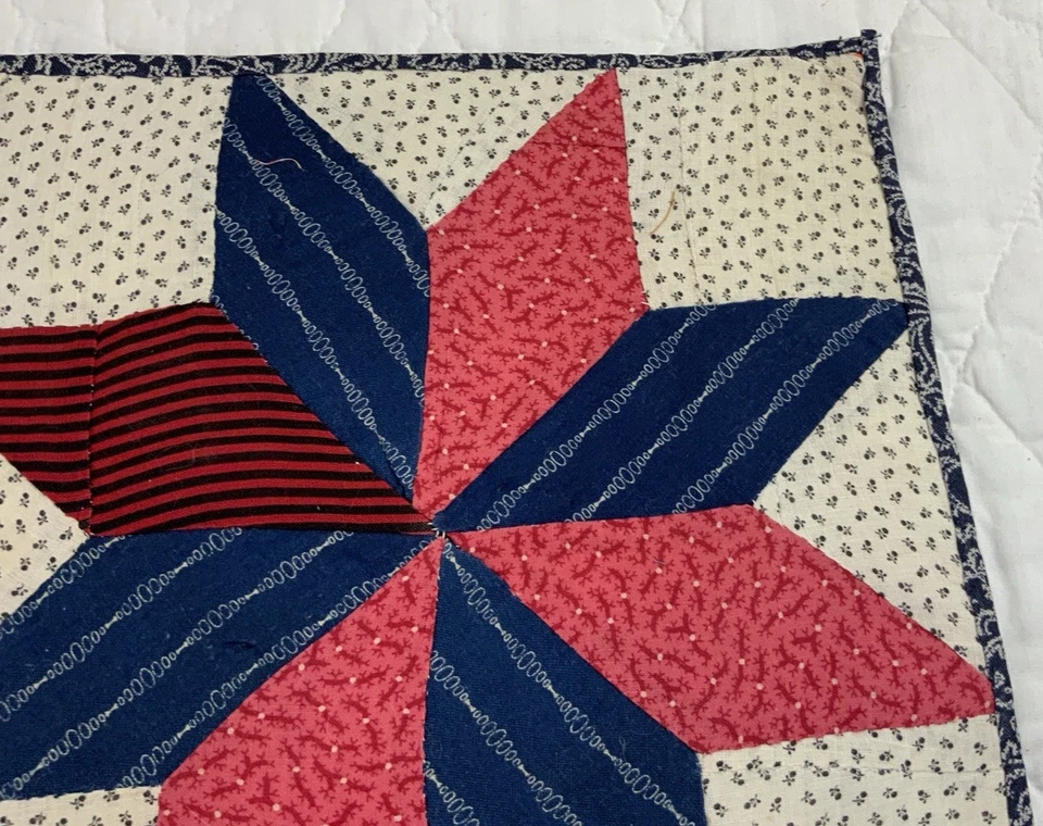 Antique Vintage Patchwork Quilt Table Topper, Star, Early Calicos, Red, Navy - Image 3 of 4