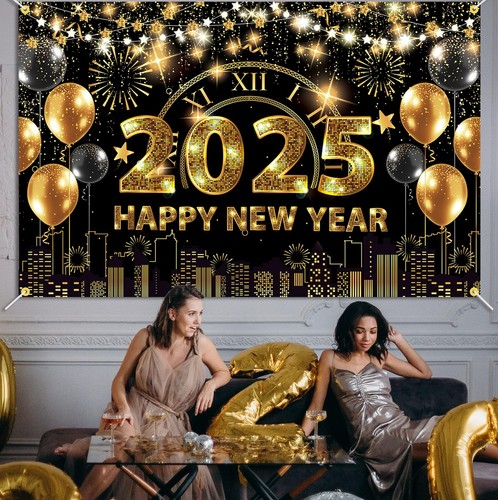Happy New Year Backdrop Banner 71 x 43 Inch Large Size 2025 Background Black ... - Picture 6 of 7