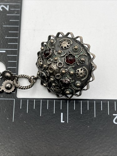 Vintage Jerusalem Silver Garnet Cabochon Pendant Necklace 16" - Picture 10 of 10