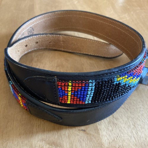 Vtg Silver Creek Collection Beaded Black Genuine Leather Belt Silver Buckle SZ32 - Picture 5 of 8