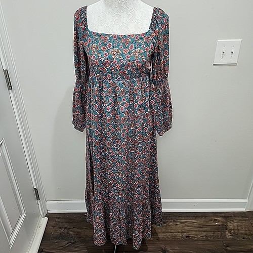 Pink Lily Boho Floral Maxi Dress Long Sleeve Square Neck Cottagecore Size Medium