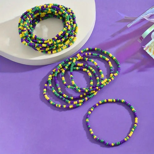 Mardi Gras Elastic Bead Bracelet 5pcs - Picture 3 of 4