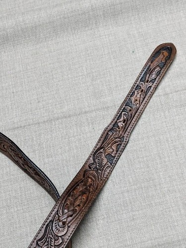 Cinturón hebilla vintage hecho en EE. UU. TOOLED 34 cuero de vaca cuero marrón occidental vaquero - Imagen 9 de 12