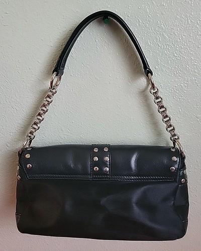VTG Patent Leather Bag Purse Shoulder Bag Studs Rivets Biker Motorcycle Black - Picture 6 of 19