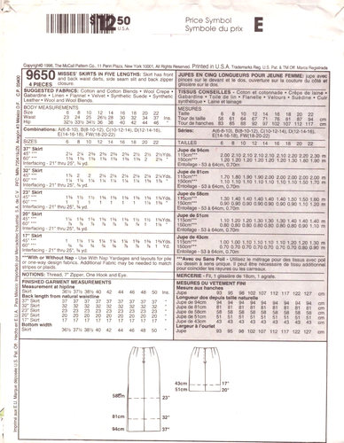 McCall's 9650-Misses Skirts/5 Lengths/Front,Back Waist Darts/Side Slit/SZ 6-8-10 - Picture 2 of 4