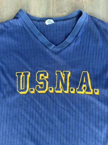 80s Tshirt Vintage USNA Artex V-neck Ribbed Trashed Thin Soft Medium Navy Blue - Picture 2 of 8