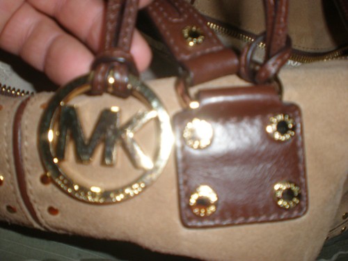 Vintage MICHAEL KORS Tan Swede Double Handle Tote Bag Studs Handbag Satchel - Picture 5 of 7