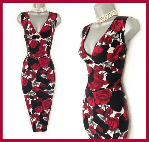 Phase Eight Gorgeous ROSES Print Silky Jersey V Neck Occassion Pencil Dress 12
