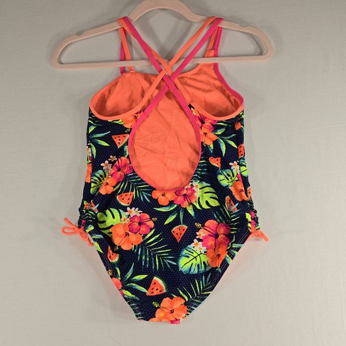 Wonder Nation Girls Sz L 10-12 Hibiscus Asymetrical Peach One-Piece Swimsuit - Picture 6 of 9