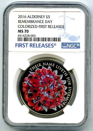 2016 ALDERNEY £5 5PND GREAT BRITAIN REMEMBRANCE  POPPY NGC MS70 FIRST RELEASES !