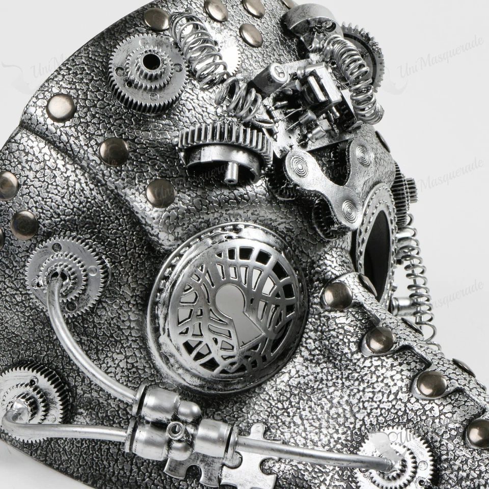 Disfraz Steampunk Cuervo Pájaro Peste Dr. Halloween Mascarada Fiesta Máscara Plateada Foto 4 de 4