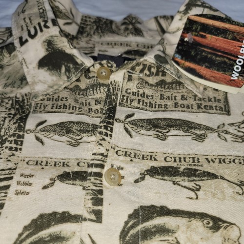 NWT Woolrich Mens Sz L Camp Shirt Olive Fish Signs Linen Blend Short Sleeve - Picture 4 of 17