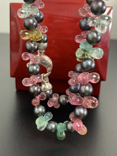  925 Silver Natural Multi Color Tourmaline 7mm Black Pearl Necklace 17" Tread - Picture 9 of 12