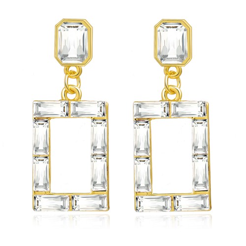 Elegant Golden Rectangular Clear Crystal Dangle Earrings - Picture 8 of 9