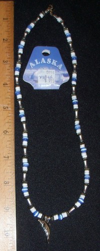 PUKA SHELL, CATS-EYE, & BARREL BEAD 20" NECKLACE W/SILVERTONE ORCA WHALE DROP - Picture 21 of 26