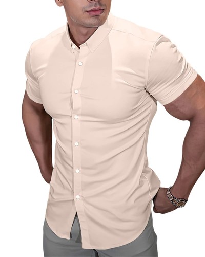 Casual Men's Muscle Fit Dress Shirts Short Sleeve Athletic Fit Button Down Sh... - Picture 5 of 6