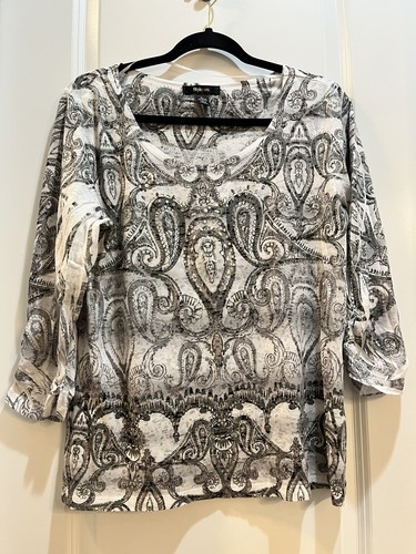 Style & Co. Jersey Knit Top Large Black Gray Paisley 3/4 Sleeve cinch round neck - Picture 5 of 6