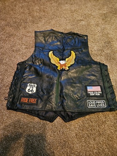 Biker Vest Mens XL Buffalo Leather Diamond Plate Live to Ride Motorcycle Patches - Picture 12 of 12