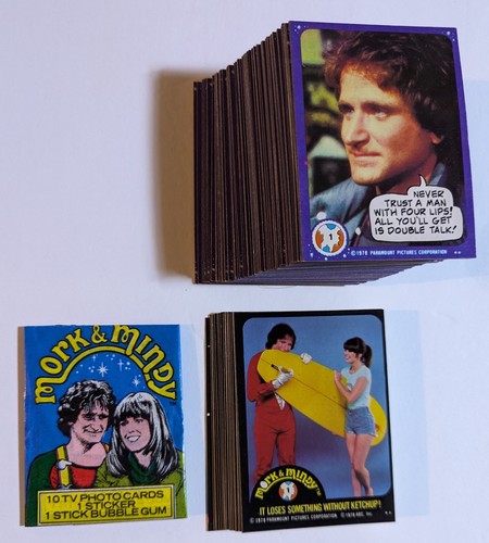 1978 Topps MORK & MINDY Set completo di schede (99) + Set adesivi (22) + INVOLUCRO - quasi nuovo - Foto 1 di 3