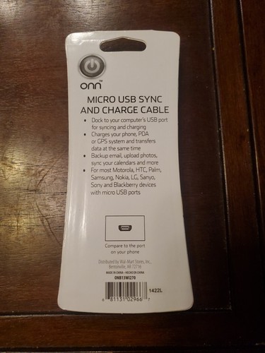 Onn 4 Ft. Micro USB SYNC & CHARGE CABLE, New in Sealed Package, FREE SHIPPING - Picture 2 of 2