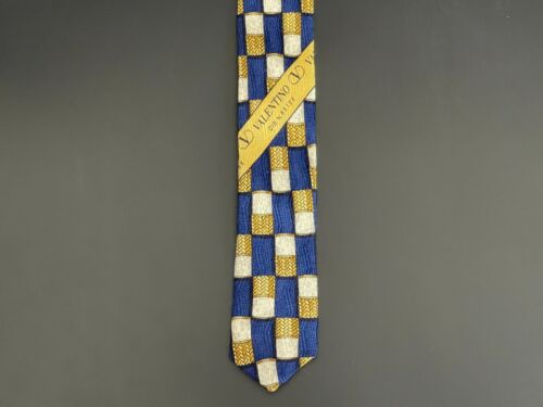 Valentino Mens Necktie Silk Cravatte Gold/Blue Geometric Art Deco Made in Italy - Picture 3 of 12