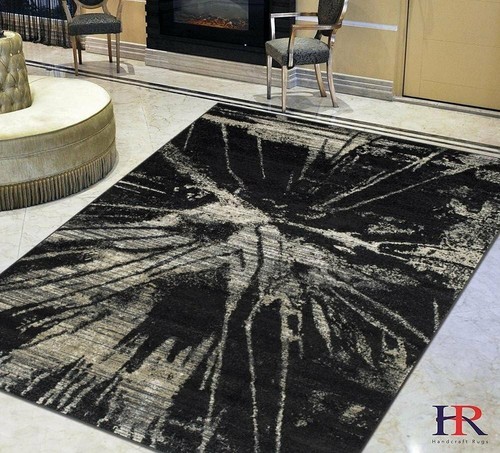 Beige/Black Splash Abstract Explosion Pattern Distressed- Modern Vintage Area... - Picture 1 of 10