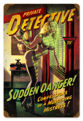 Sudden Danger - Vintage Pulp Metal Sign, PINUP, HAND SIGNED by Greg Hildebrandt - Picture 1 of 3