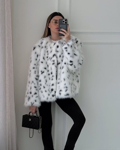 ZARA WHITE BLACK ANIMAL PRINT FAUX FUR SHORT COAT SIZE M - Picture 16 of 24
