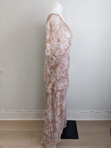 Vintage Spiegel Size 16 Blouse Maxi Skirt Set Beige White Sheer 100% Silk Sequin - Picture 12 of 17