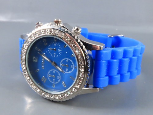 STRADA WRIST WATCH Blue Silicone Sport Band SILVER w/CLEAR CRYSTALS Big Dial - Picture 3 of 7