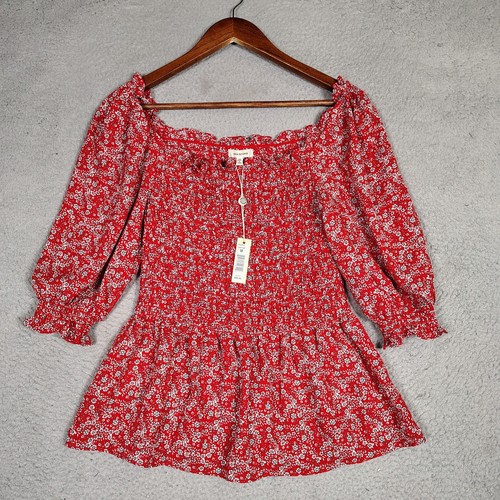 Max Studio Top Women Medium Red Ditsy Floral Smocked Ruffle Boho Cottagecore NWT