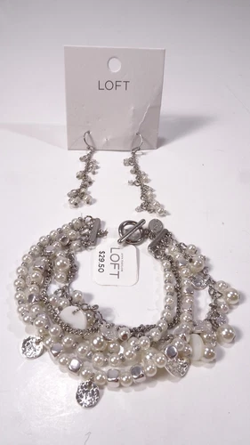 Ann Taylor LOFT Women's Silver Bead Disc Bracelet Earrings Set 30 and 25 Set 2