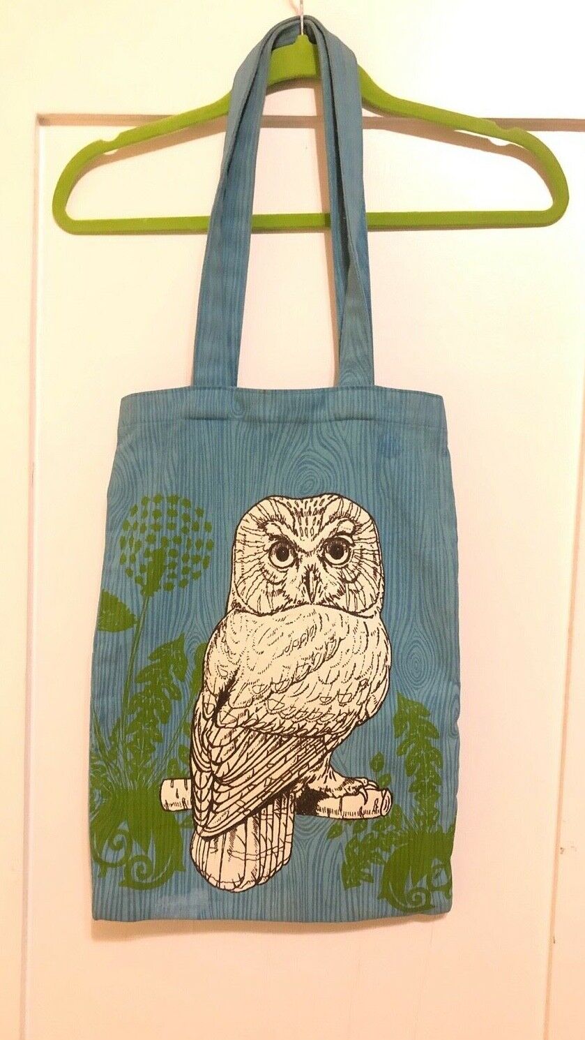 Happy Camper Owl Print tote bag Blue background w… - image 1