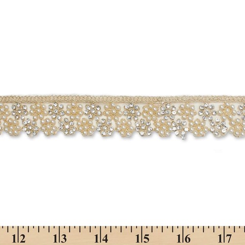 1.25 Inch Floral Beaded Rhinestone Corded Mesh Trim By The Yard - Picture 8 of 8