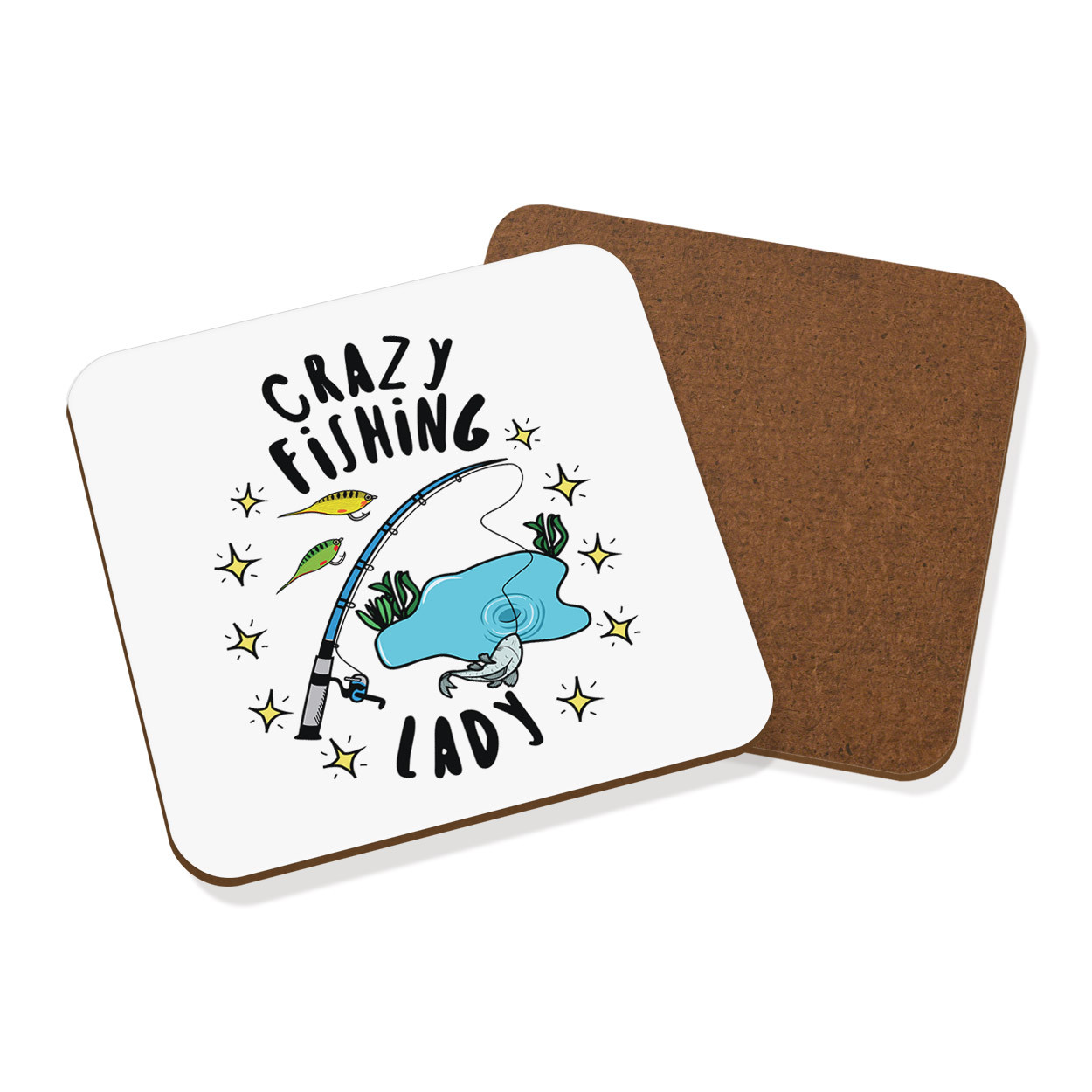 Crazy Fishing Lady Stars Coaster Drinks Mat - Funny Fisherman